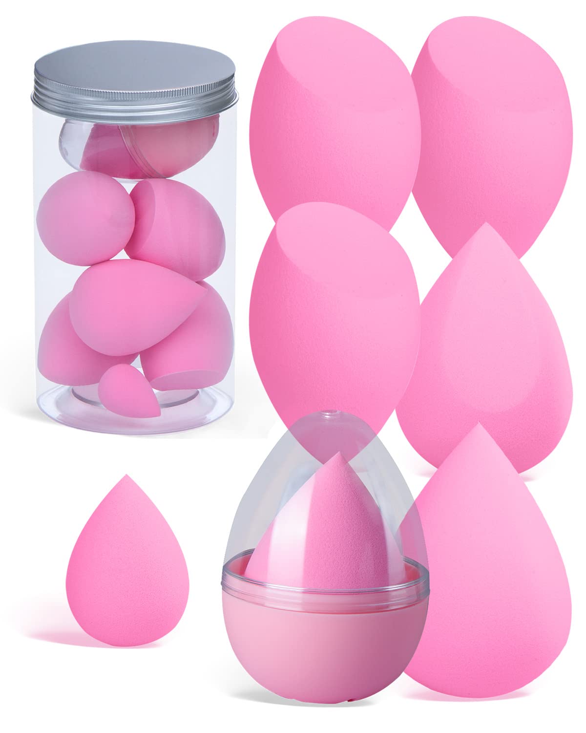 8Pcs Makeup Sponges Set- 7Pcs Beauty Sponge Blenders and 1 Bottle 1 Holder for Blending Foundation, Cream and Powder (Light Pink-Can Packaging)