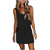 ETCYY NEW Womens Summer Striped Dresses Casual Sleeveless T Shirt Dress Drawstring Waist Sundress with Pockets