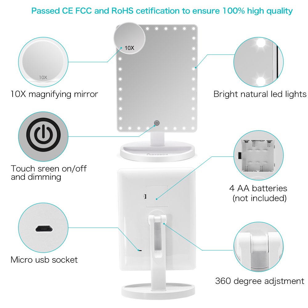 Large Lighted Vanity Makeup Mirror (X-Large Model), Funtouch Light Up Mirror with 35 LED Lights, Touch Screen and 10X Magnification Mirror, 360° Rotation Tabletop Cosmetic Mirror (White) : Beauty
