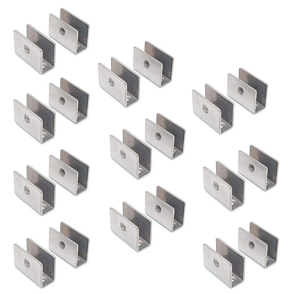 Set of 20 of NUZAMAS Glass Shelf Brackets - 201 Stainless Steel Glass Clamp Clip Holder, Round Adjustable Clamping 8-12mm Thickness Panel, Size 26.5x36.5x16.5mm