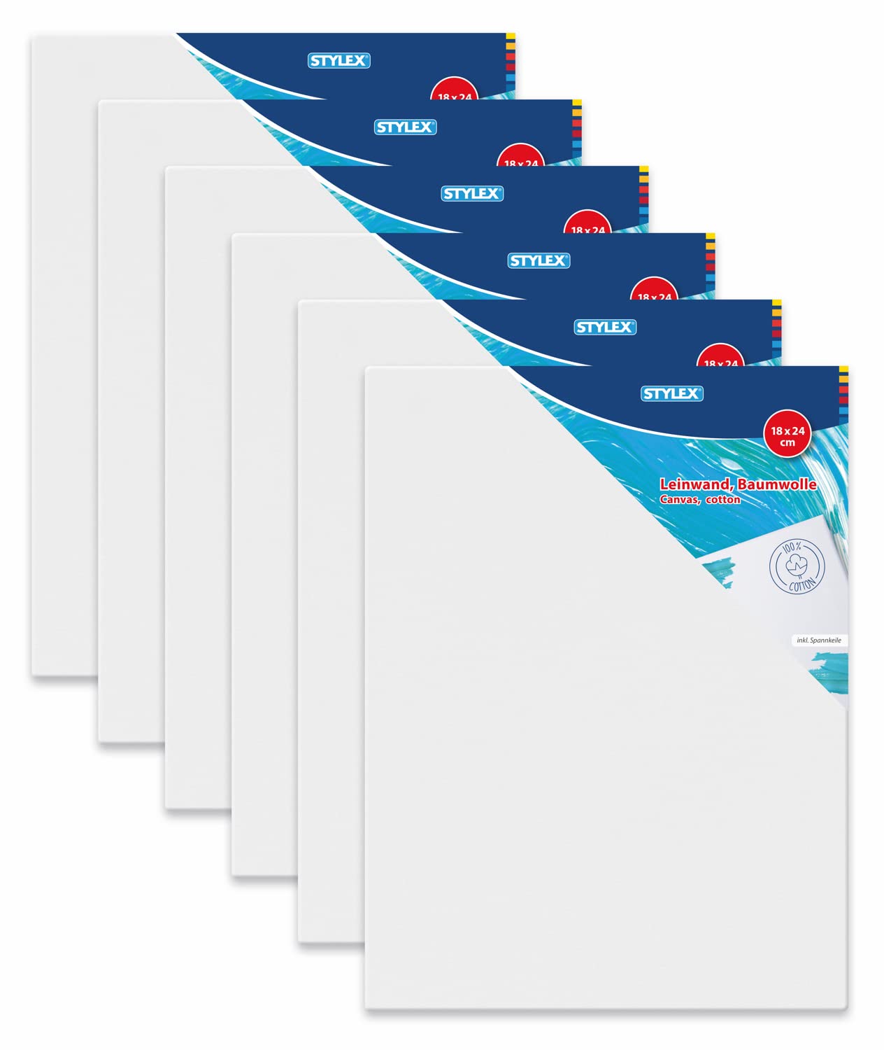 Stylex 28633-P6 - Stretcher Frame 18 x 24 cm with 100% Cotton Fabric Canvas, Primed, Stapled Back for Oil, Acrylic and Tempera Paints, Gouache Painting, Pack of 6