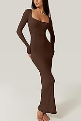 QINSEN Womens Soft Lounge Long Sleeve Dress Ribbed
