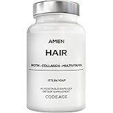Amen Hair Vitamins - 10,000 mcg Biotin, Collagen Powder - Vitamin C, D3 & E, Pantothenic Acid, MSM, Zinc, Hyaluronic Acid, Inositol & Horsetail Extract - Non-GMO Hair Pill Supplements - 60 Capsules
