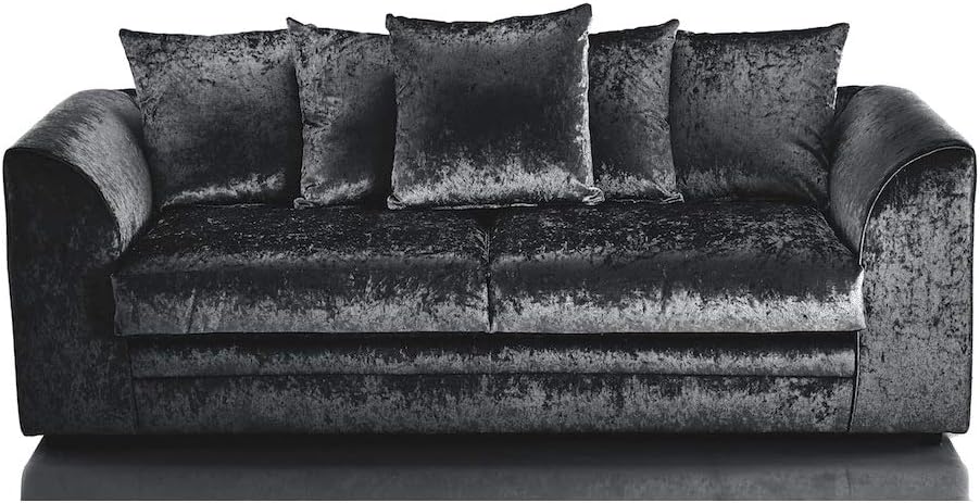 Limitless Home Mylon 3 Seater Sofa Crushed Velvet in Black with Scatterback Cushions (Black)