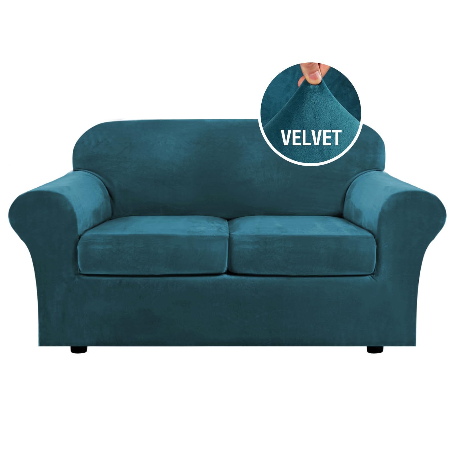 Photo 1 of H.VERSAILTEX Real Velvet Plush 3 Piece Stretch Sofa Covers Couch Covers for 2 Cushion Couch Loveseat Covers Width Up to 72 Inch Feature Thick Soft Stay in Place (Medium Sofa, Deep Teal)