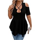 SOLY HUX Women's Plus Size Cold Shoulder Top Short Sleeve Asymmetrical Tees Flowy Tunic T Shirts