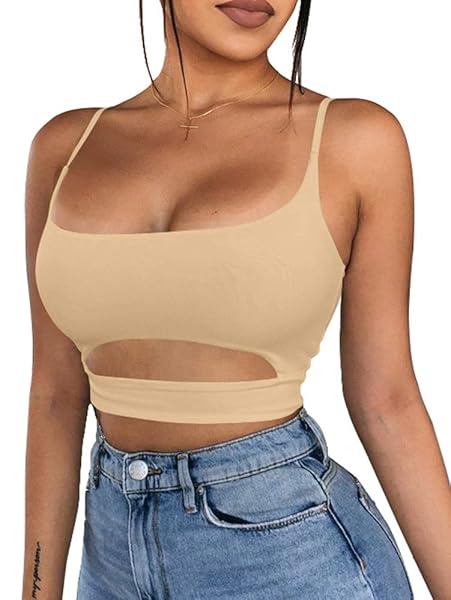 BEAGIMEG WOMEN’S SEXY BASIC SLIM FIT SPAGHETTI STRAP CUT OUT CROP TOPS KHAKI