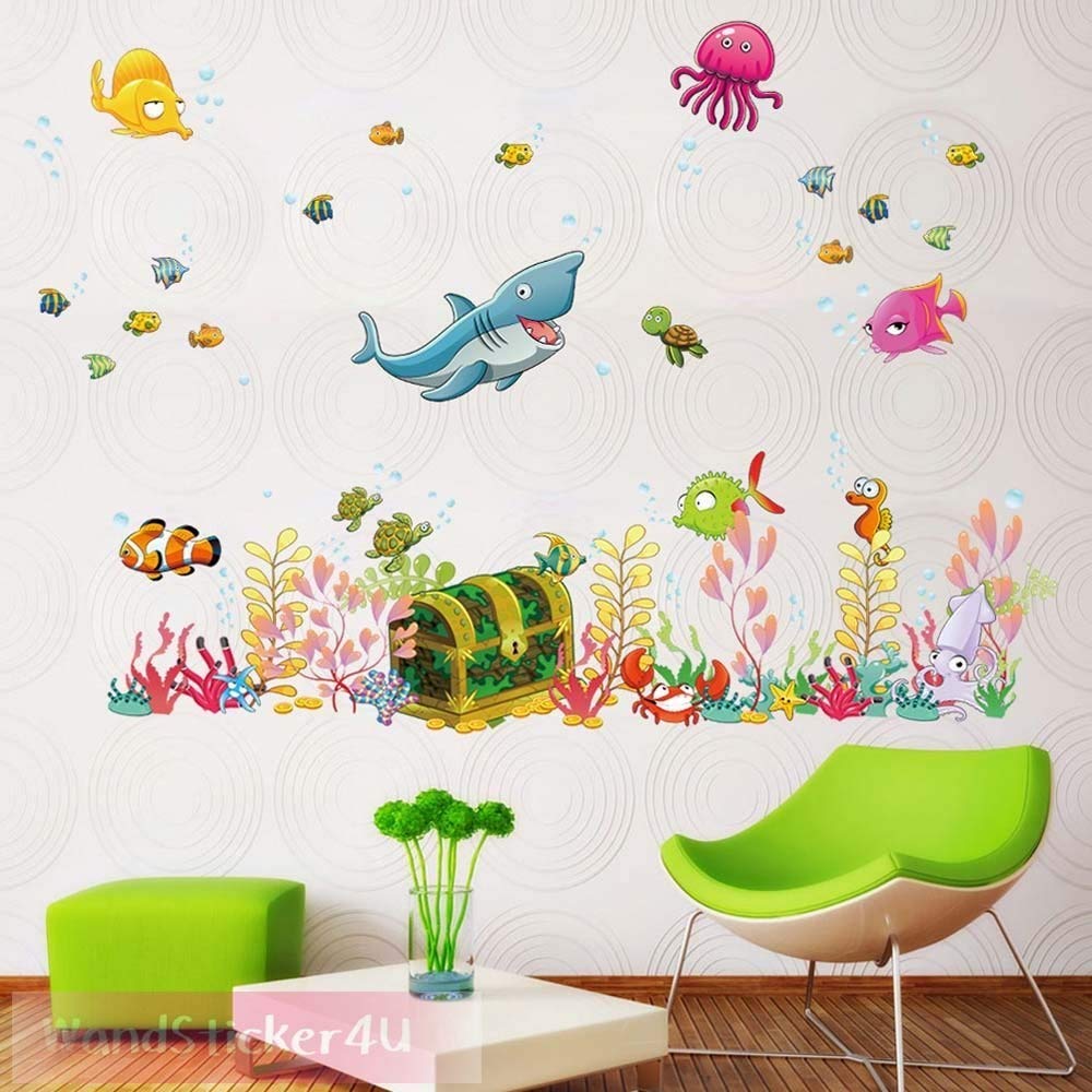 WandSticker4U Wall Stickers Underwater Sea Wall Sticker 2 Sheets Each 90 x 30 cm Blue Waterproof PVC Self-Adhesive