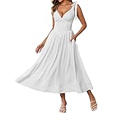 JKMNAO Women's Summer Midi Dress V Neck Casual Flowy A Line Sundress Wedding Guest Long Dresses with Pockets