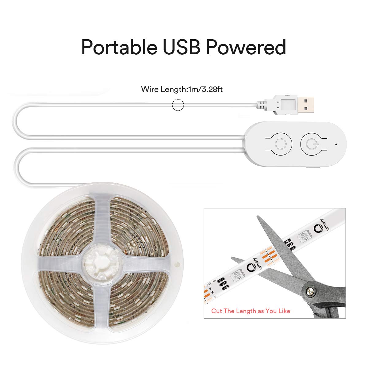 Lumary LED Light Strip, 6.56FT 5V USB Powered Music Sync Color Changing Strip Lighting with 16 Million Colors and Portable Controller, Perfect Decoration for TV, Bedroom, Car, Party, and Camping