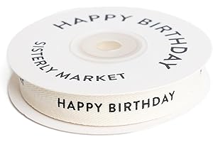 Sisterly Market - Custom Herringbone Cotton Ribbon, Natural 5/8 Inch Gift Ribbon with Happy Birthday Printed Phrase, 10 Yards