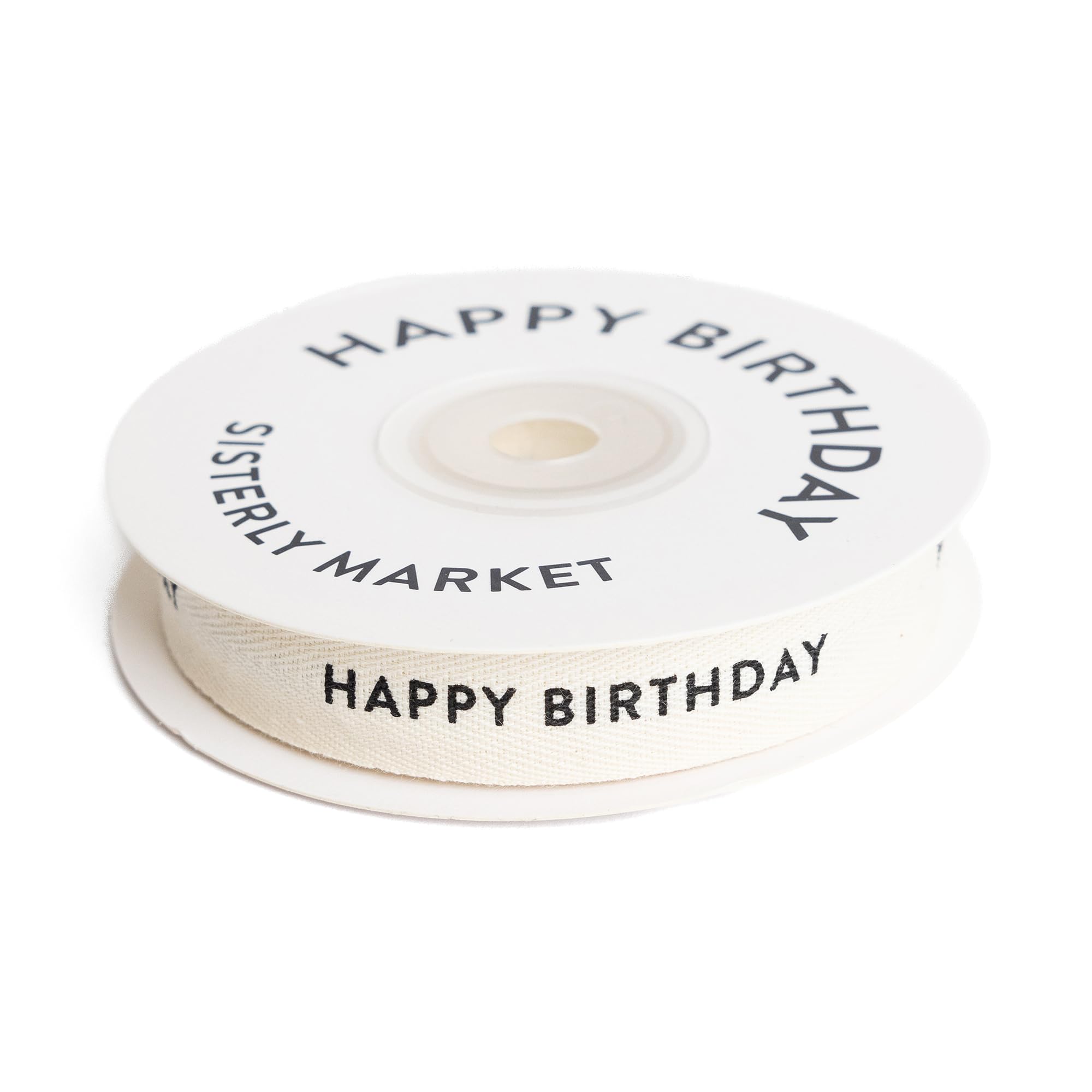 Photo 1 of Sisterly Market - Custom Herringbone Cotton Ribbon, Natural 5/8 Inch Gift Ribbon with Happy Birthday Printed Phrase, 10 Yards