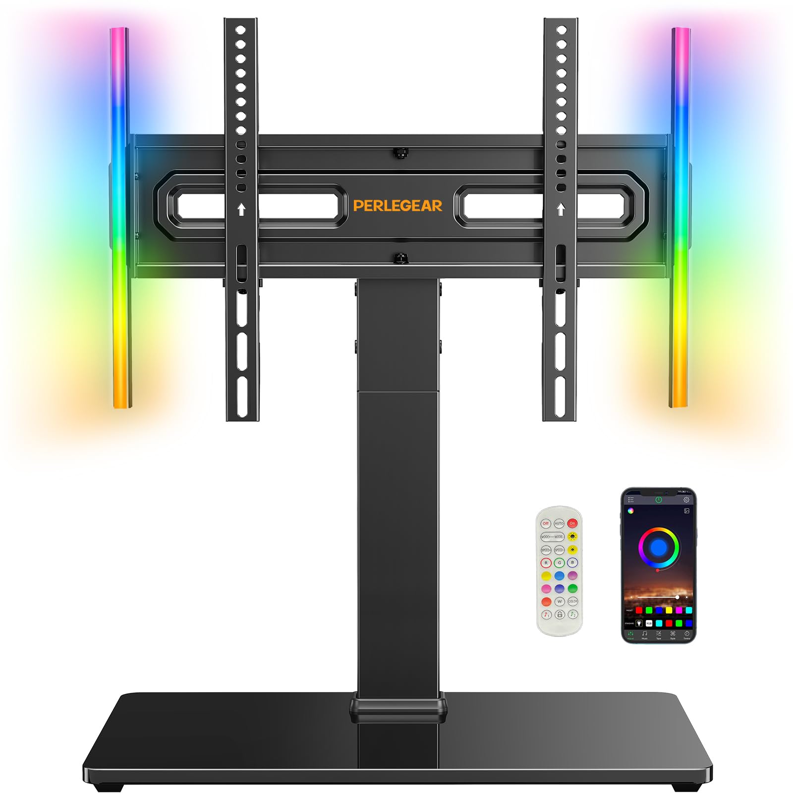 Photo 1 of Perlegear Universal Swivel TV Stand with LED Lights for 32–70 inch TVs, Height Adjustable Table Top TV Stand with Tilt, Tempered Glass Base, Holds up to 88 lbs, Max VESA 400x400mm, PGTVS32B