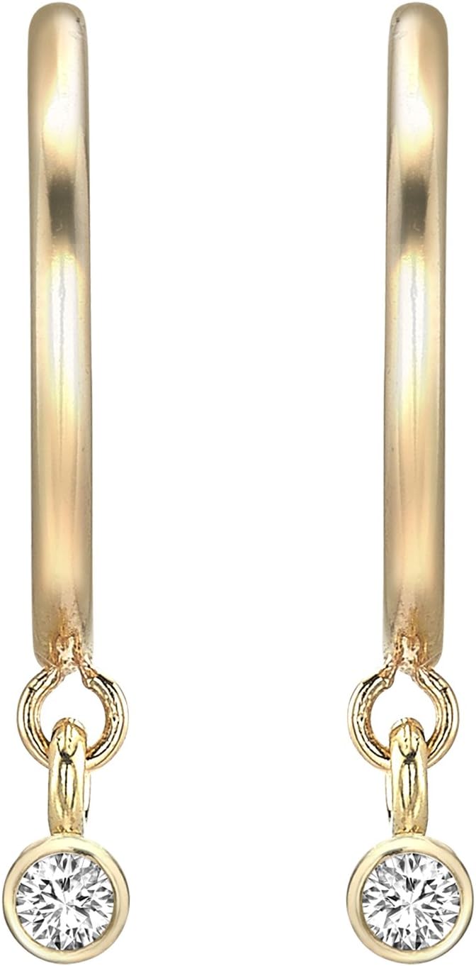 Zoe Chicco Women's 14ct Yellow Gold Round White Dangling Diamonds Huggie Hoop Earrings