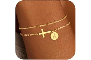 Decholly Gold Cross Initial Bracelets for Women Girls, 18K Gold Plated Cross Bracelet Layered Disc Initial Bracelet Gold Bracelets for Women Girls Christian Baptism Religious Jewelry