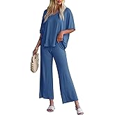 Tankaneo Womens 2 Piece Outfits Lounge Sets Oversized Short Sleeve V Neck Tshirts Wide Leg Cropped Pants Matching Set