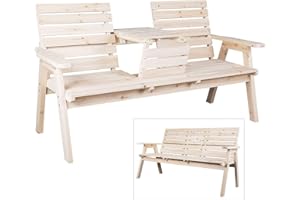 Kdgarden Cedar/Fir Log Wood Patio Garden Bench with Foldable Table, Outdoor Wooden Porch 3-Seat Bench Chair for Garden Balcony Patio Backyard, Natural Finish