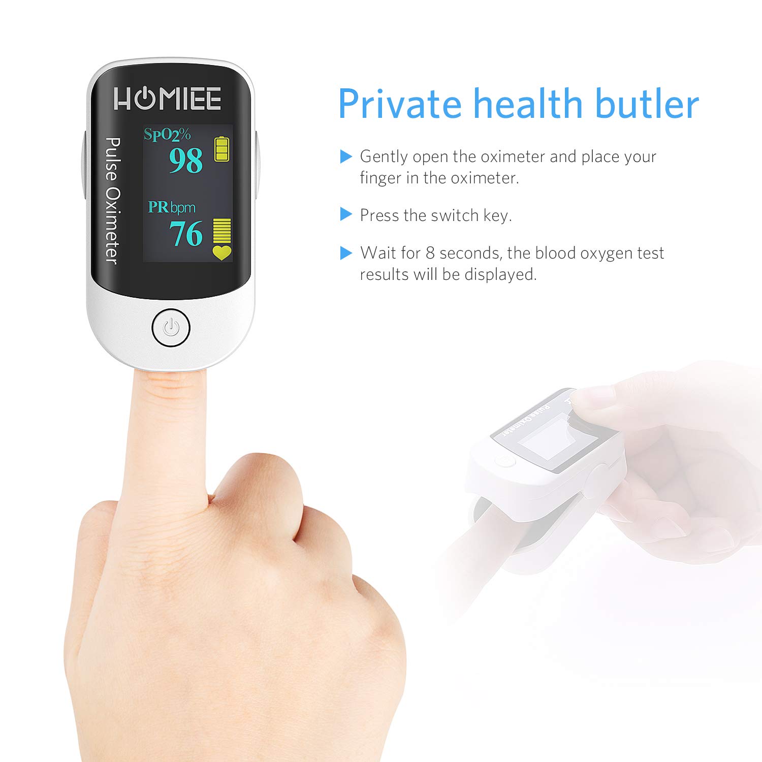 Pulsoximeter, Oximeter mit Pulsmesser mit 4 Richtungen rotierendem OLED Display Fingeroximeter für die Messung des Puls und der Sauerstoffsättigung am Finger, Weiß