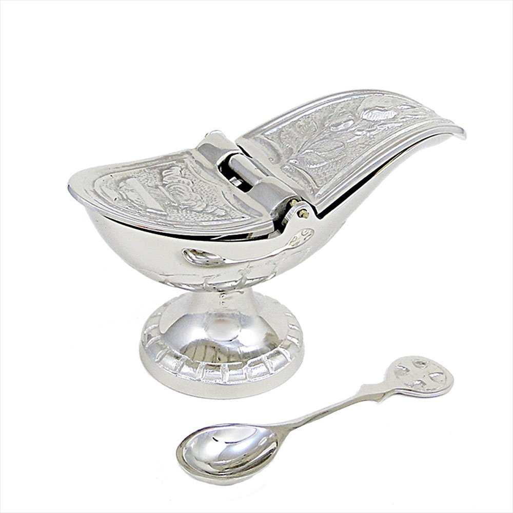 NKlaus incense burner with hinged lid and spoon solid brass nickel plated 2947