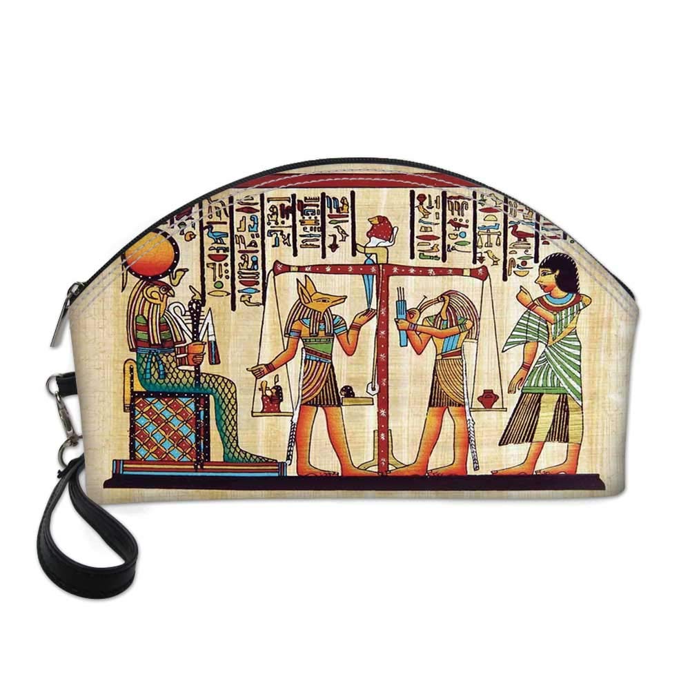 Egyptian Small Portable Cosmetic Bag,Papyrus With Egyptian Ancient Manuscript and Historical Scenery Picture Print For Women,Half Moon Shell Shape One size