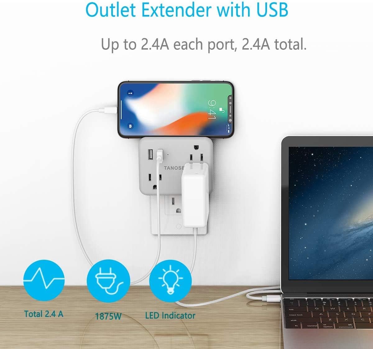 Multi Plug Outlet Extender for Cruise Essentials, TANOSEE Wall Outlet Plug Splitter with USB Wall Charger, Multiple Power Outlet Expander with Charging Station - - 