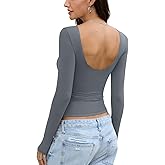 Womens Backless Double Lined Top Long Sleeve Y2K Going Out Top Sexy Open Back Boat Neck Shirt Slim Fit Spring Fall Tee