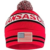 Cayyon US Flag City Football Embroidery Classic Pom Cuff Kansas Beanie Hat Cuffed Winter Soft Beanie Knit Pom Hat Cap Red