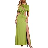 XNMHL Women’s Cutout Maxi Dress Short Sleeve Deep V Neck Ruched Waist High Slit Stretch Bodycon Long Dresses