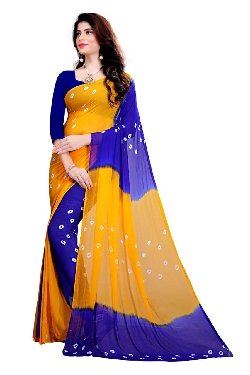 amyaa fashion women's chiffon saree (yellow & blue_ free size)