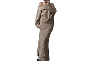 Kwunbwa Skirt Sets Women 2 Piece Outfits Off Shoulder Long Sleeve Sweater Bodycon Maxi Skirt Fall Knit Sweater Set