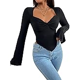 Avanova Women's Long Sleeve Square Neck Crop Top Twist Front Asymmetrical Shirt