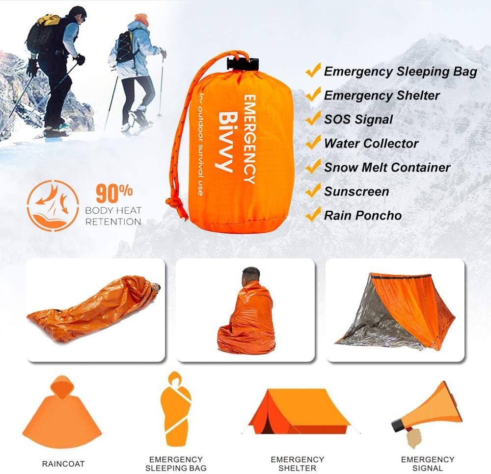 BesWlz Emergency Sleeping Bags, Survival Bivvy Sack Lightweight Waterproof, Portable Nylon Sack Gear for Outdoor Camping Hiking & Emergency Shelter (2Pack)+ Emergency Survival Blanket : Sports & Outdoors