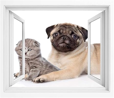 Amazon パグ 絵画風 壁紙ポスター 風景 景色 150x1 Cm かわいい若いペット子猫と子犬パグスコティッシュフォールド動物楽しい写真印刷装飾 おしゃれ ウォールステッカー 多用途なシール 淡いブラウンベージュ ウォールステッカー オンライン通販