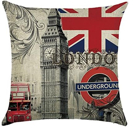 DECORLUTION London Big Ben Red Bus Pattern 18x18 Inch Cotton Linen Standard Size Throw Pillow Case Cushion Cover for Home Sofa Decorative Flexible Square Pillowcase Breathable Pillowslip