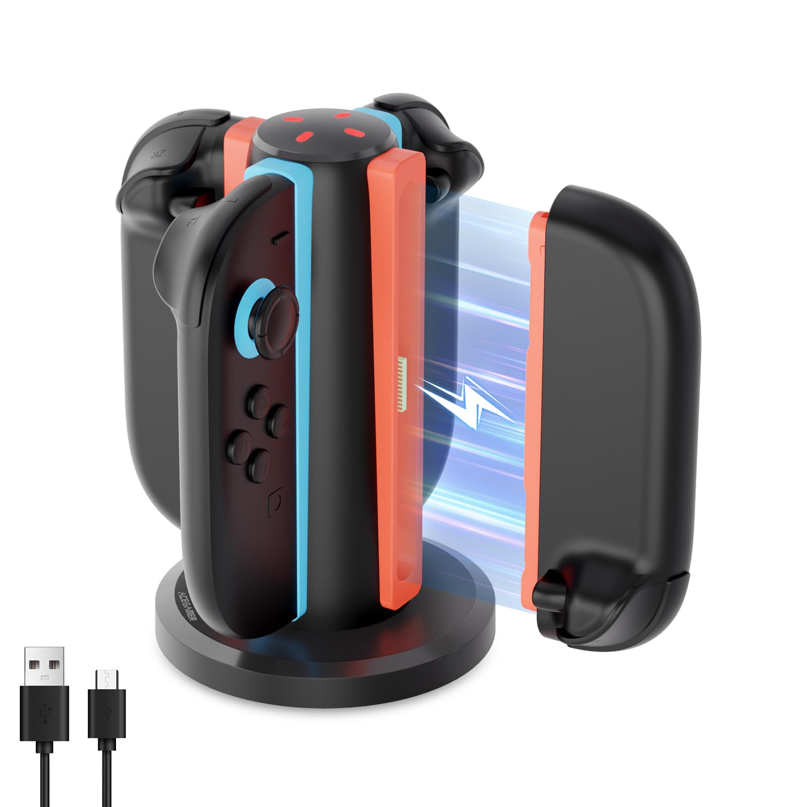 AceGamer 4-In-1 Charging Dock for Nintendo Switch 2 Joy-Con in Any Direction, 4-Port Magnetic Charging Station, Vertical Fast Charging Stand with LED Indication and USB Type-C Charger Cable, Black