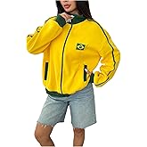 SweatyRocks Women's Brazil Print Contrast Binding Drop Shoulder Zipper Jacket Outerwear with Pocket