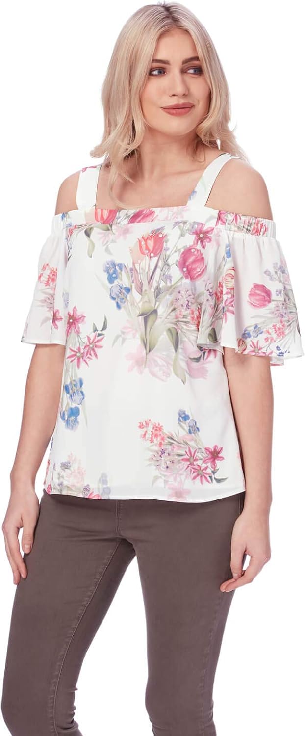 Roman Originals Women Floral Print Cold Shoulder Top Ladies Bardot