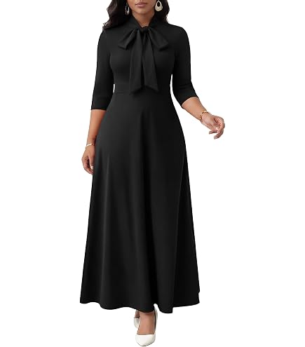 formal 3/4 sleeve dresses FANDEE Maxi Long Dress Women, Church A Line Bow Tie Neck Casual slimming mother of the bride dresses