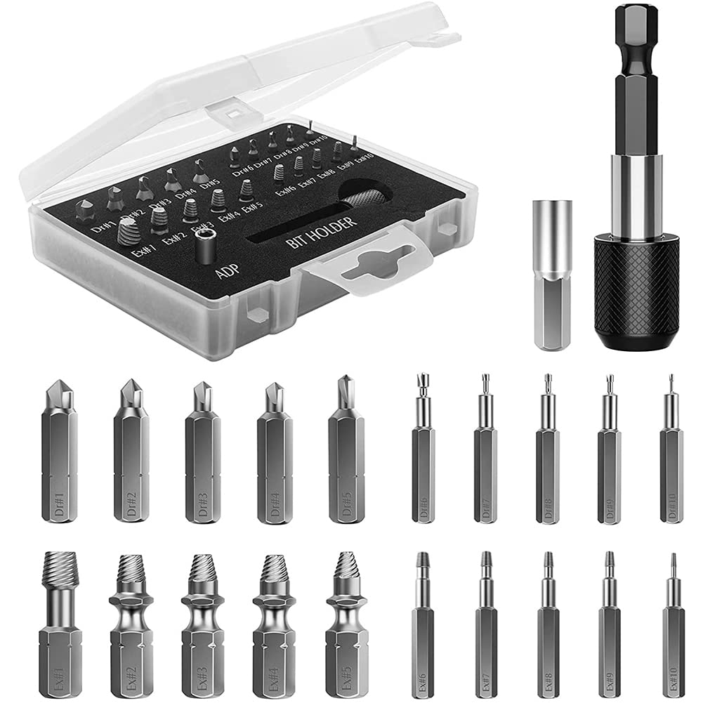 Lrtzizy Damaged Screw Extractor Set,22 PCS Stripped Screw Extractor Kit, HSS Broken Screw Remover Set with Bit & Socket Adapter