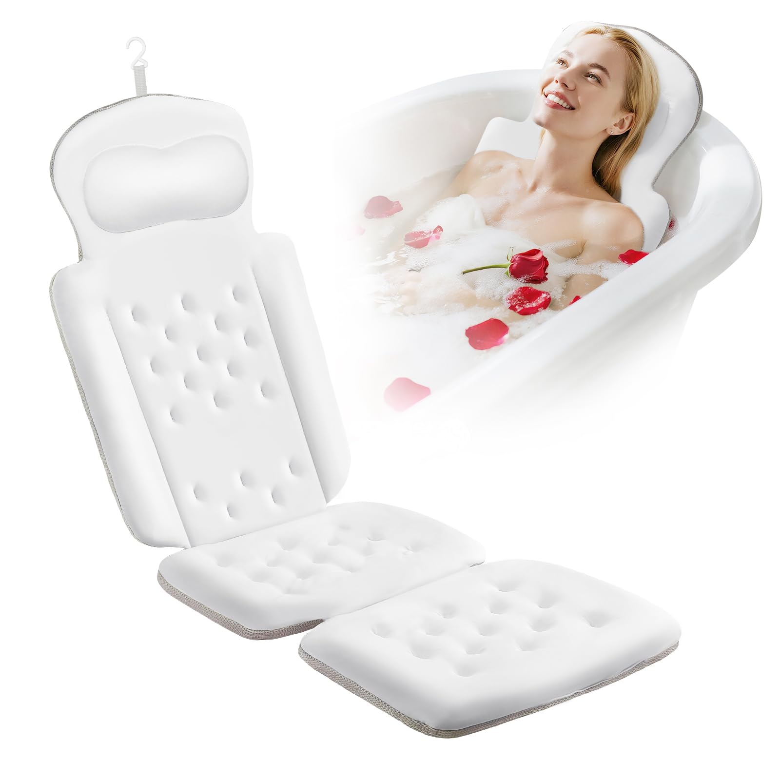 Photo 1 of Full Body Bath Pillow, Luxury Bath Cushion with 192 Suction Cups, Bath Pillows for Tub for Head and Neck Support, with Laundry Bag White, 51" x 16"