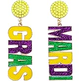 Mardi Gras Letter Earrings for Women, Purple Green Gold Carnival Dangle Earrings for Mardi Gras Celebration Festival Costume Party Jewelry Accessories