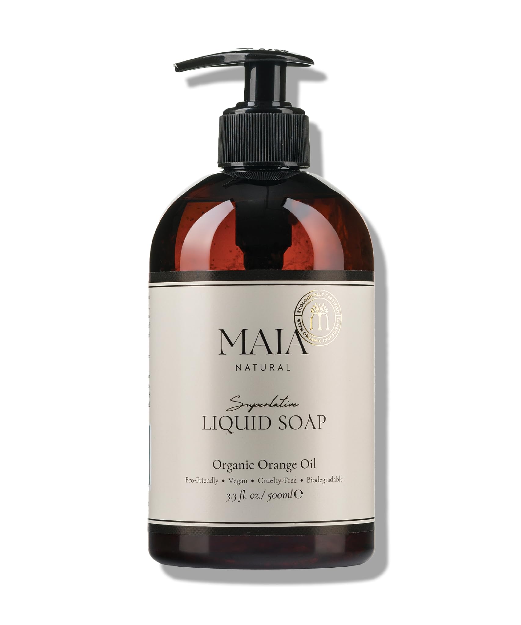 MAIA NATURAL Liquid Hand Soap 500ml | Vegan & ECOGARANTIE® Certified | Eco-Friendly, Non-Toxic,Plant-Based | Paraben-Free | Biodegradable Formula| Safe for Sensitive Skin| Organic Essential Orange Oil