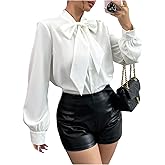 Milumia Women's Bow Tie Front Long Sleeve Button Down Shirt Loose Dressy Work Blouses