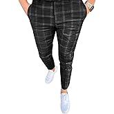 Men's Fashion Stretch Dress Pants Slim Fit Plaid Skinny Long Pants Casual Business Golf Dress Pants