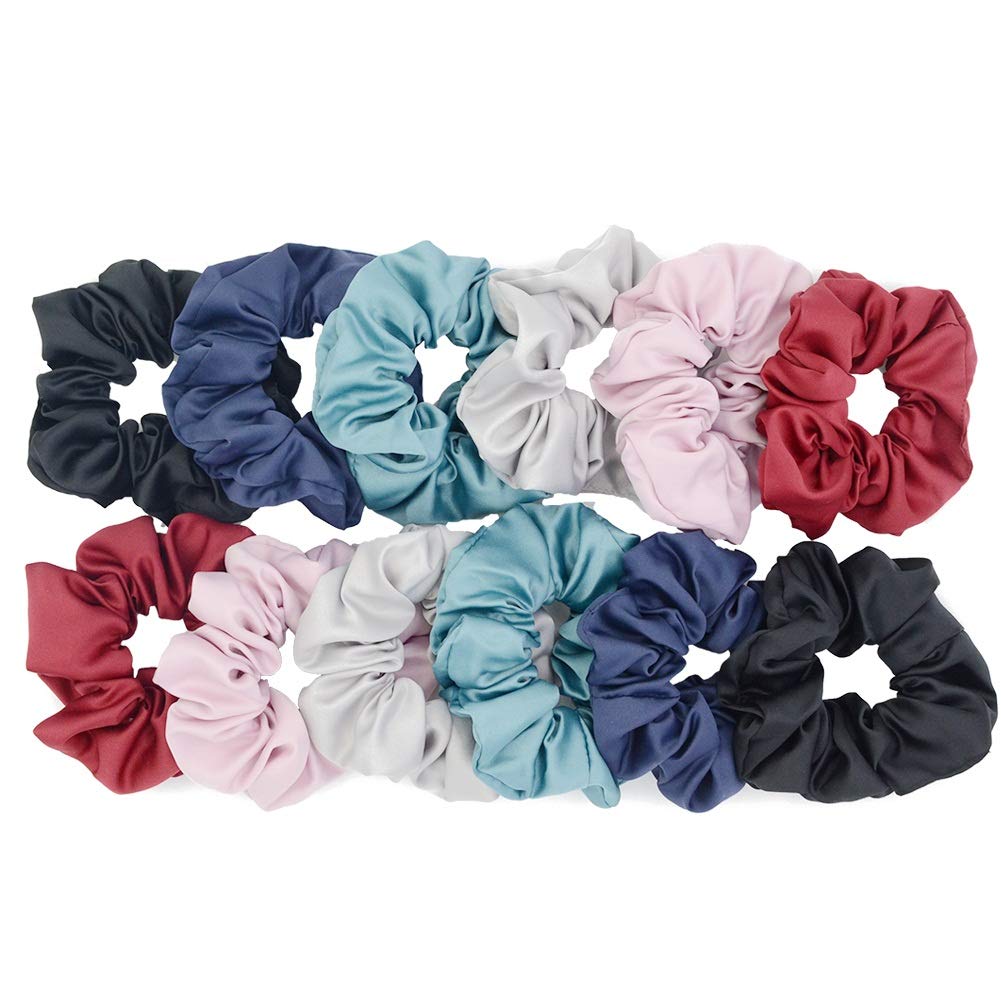 Chloven 12 Pack Hair Scrunchies Large Women's Satin Solid Color Hair Scrunchies Hair Bow Assorted Hair Accessories Ponytail Holder
