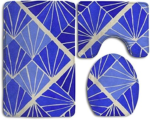 Gem Blue Geometry 3-Piece Soft Bath Rug Set Includes Bathroom Mat Contour Rug Lid Toilet Cover Home Decorative Doormat