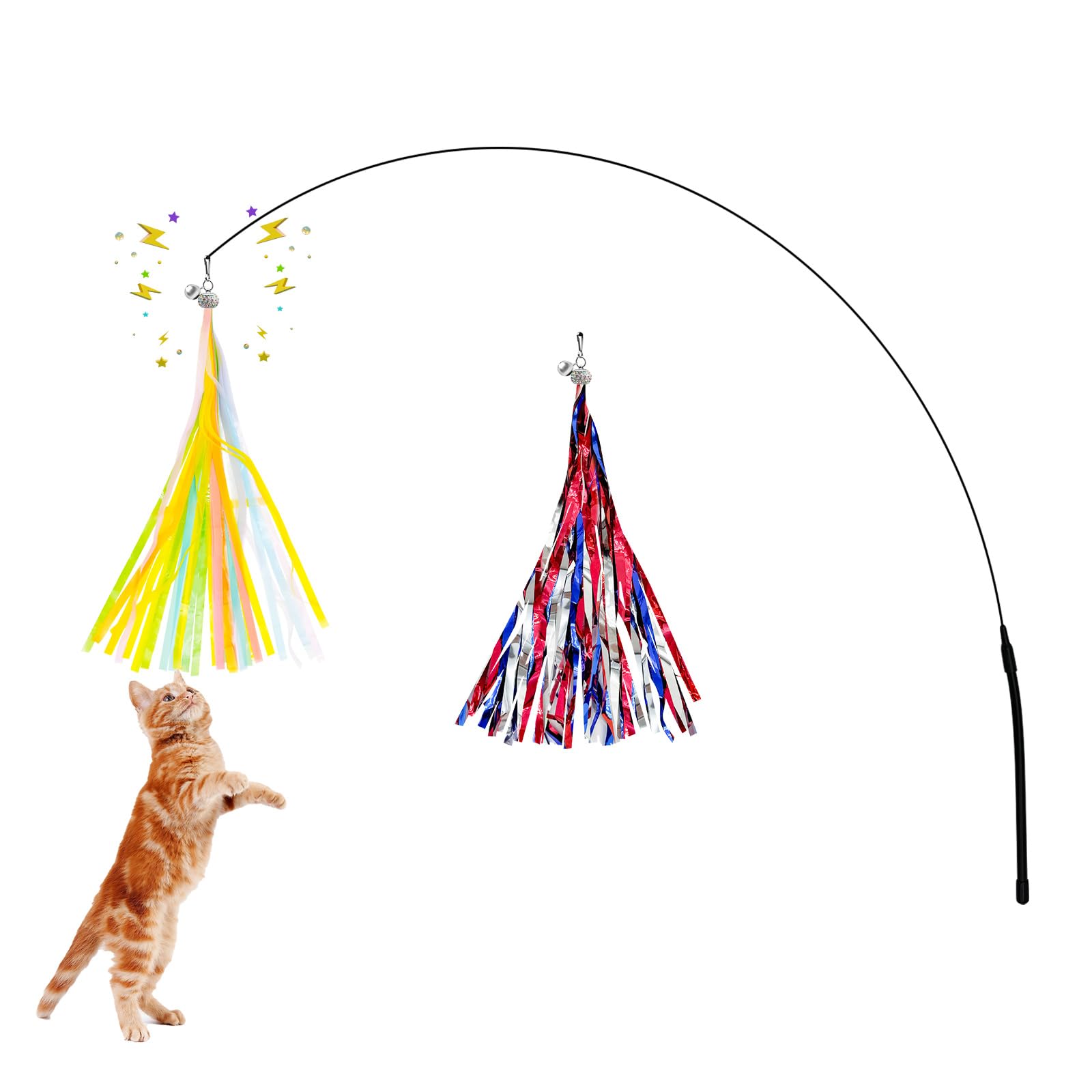 Andiker Cat Wand Toy with 2PCS 12in Replaceable Colorful Rainbow Tassels with Little Bells Funny and Shiny Interesting Cat Toys for Indoor Cats Keeping Fit (2PCS)