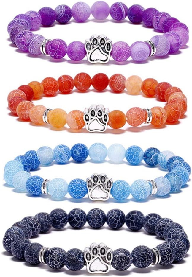 SIVITE Multicolor Weathered Agate Pet Dog Paw Charm Stretch Beaded Bracelet Energy Bangle for Women Men