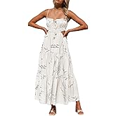 ebossy Women's Cut Out Ruffled Long Boho Dress Sexy Spaghetti Straps Open Back Flowy Sundress (Medium, White)