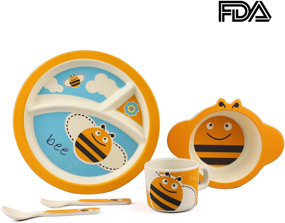 MK MATT KEELY Kids Bamboo Dinnerware Sets Toddler Separated Feeding Tableware Suit Baby Dinner Box 5- Piece Bee